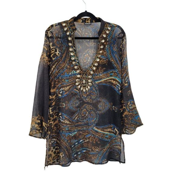Venus Dress Sheer Peasant Resort Beaded V Mini Tunic Kaftan Paisley Brown Sz S/M - Picture 6 of 14